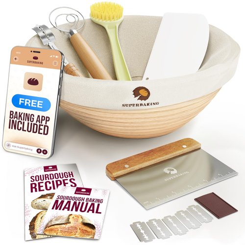 Superbaking Banneton Bread Proofing Basket, Sourdough Bread Baking Supplies, Round 9 Inch Sourdough Starter Kit, Proofing Basket for Baking, Bread Making Supplies Tools, Banneton Basket Gift Set
