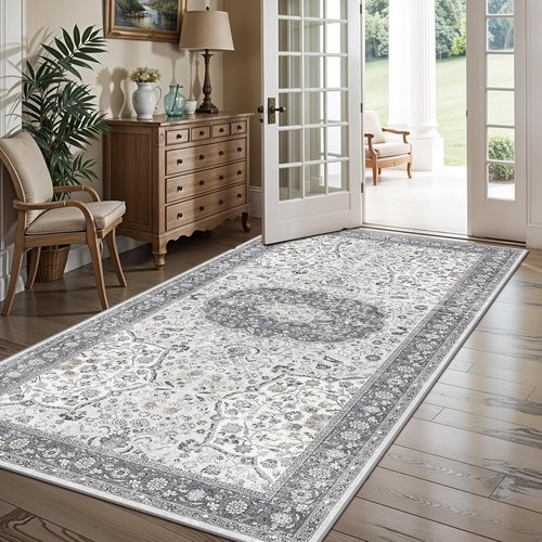 **Regine Switzerland Washable Runner Rug - Stain Resistant Oriental Design | 4x8 Feet, Grey for Entryway & Kitchen**