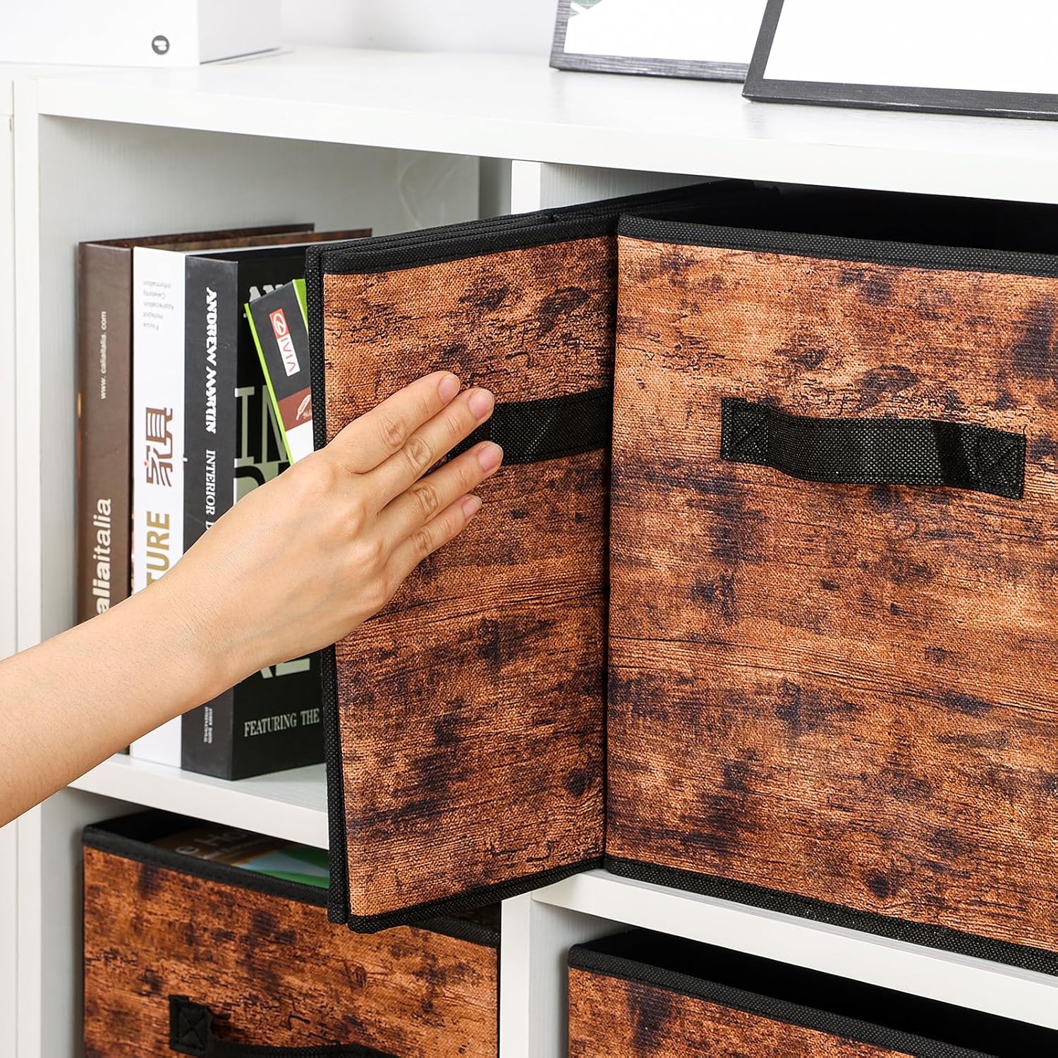 Stero Fabric Storage Cubes - 6 Pack Foldable Bins with Handles | 13-Inch Rustic Brown & Black Organizer