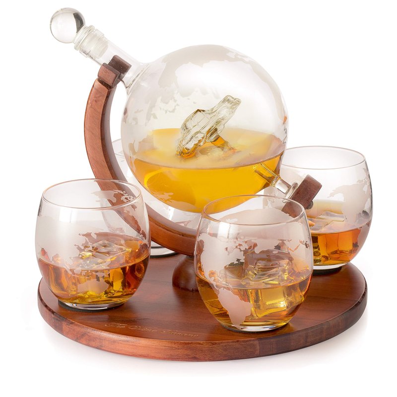 Etched World Decanter Car Whiskey Globe With 4 World Map Glasses - The Wine Savant Whiskey Gift Set Globe Decanter with Antique Car, Whiskey Great Gift Alcohol Related Gift 750ml Decanter 8 Oz glasses