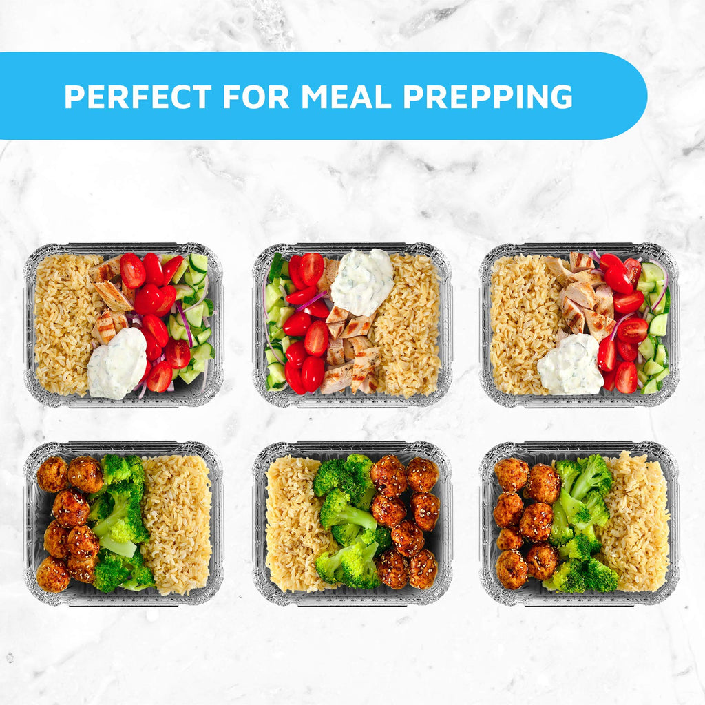 MontoPack Disposable Takeout Pans with Clear Lids | 1lb Capacity Aluminum Foil Food Containers with Strong Seal for Freshness & Spill Resistance | Eco-Friendly & Recyclable | 50-Pack of 5x4” Drip Pan