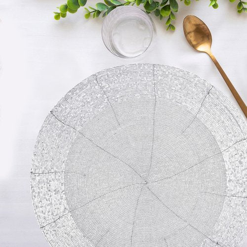 Lightnpro Beaded Placemats Set of 4-13 Inch Round Handmade Table Chargers - Rustic Farmhouse Glitz Table Décor for Dining Room, Christmas, Thanksgiving, Easter & Special Events- Whitish Silver