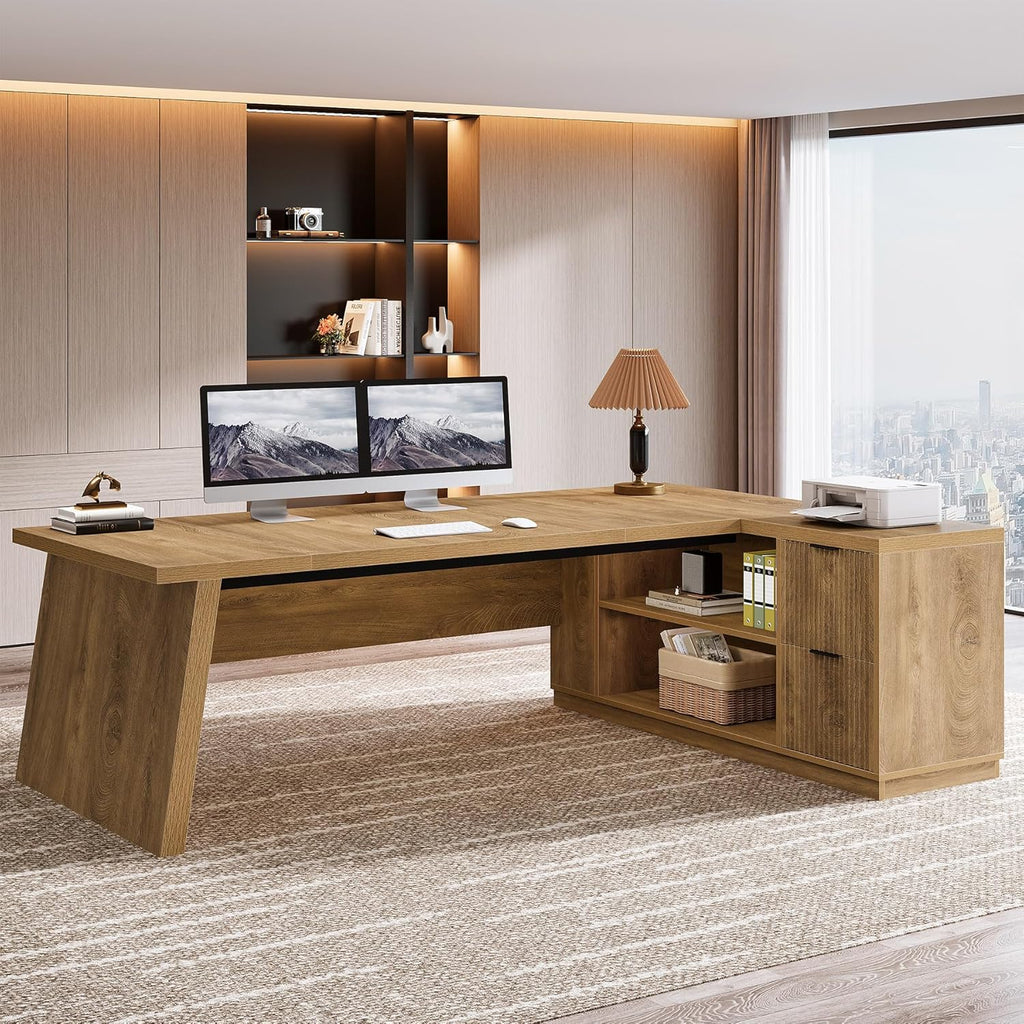 Tribesigns L Shaped Desk - Modern Executive Office Furniture with Drawers & File Cabinet | 78" Brown