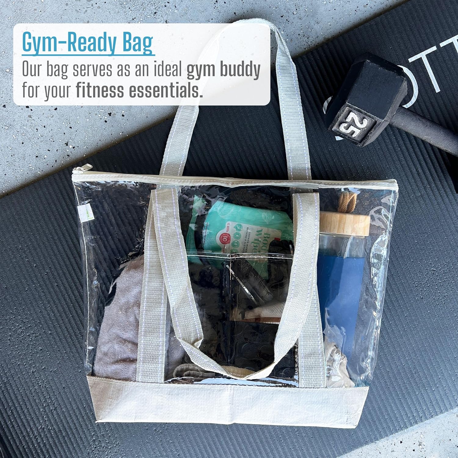 VENO Clear Beach Bag - Large Transparent Tote for Swim, Pool, Gym | Summer Vacation Essentials - Beige