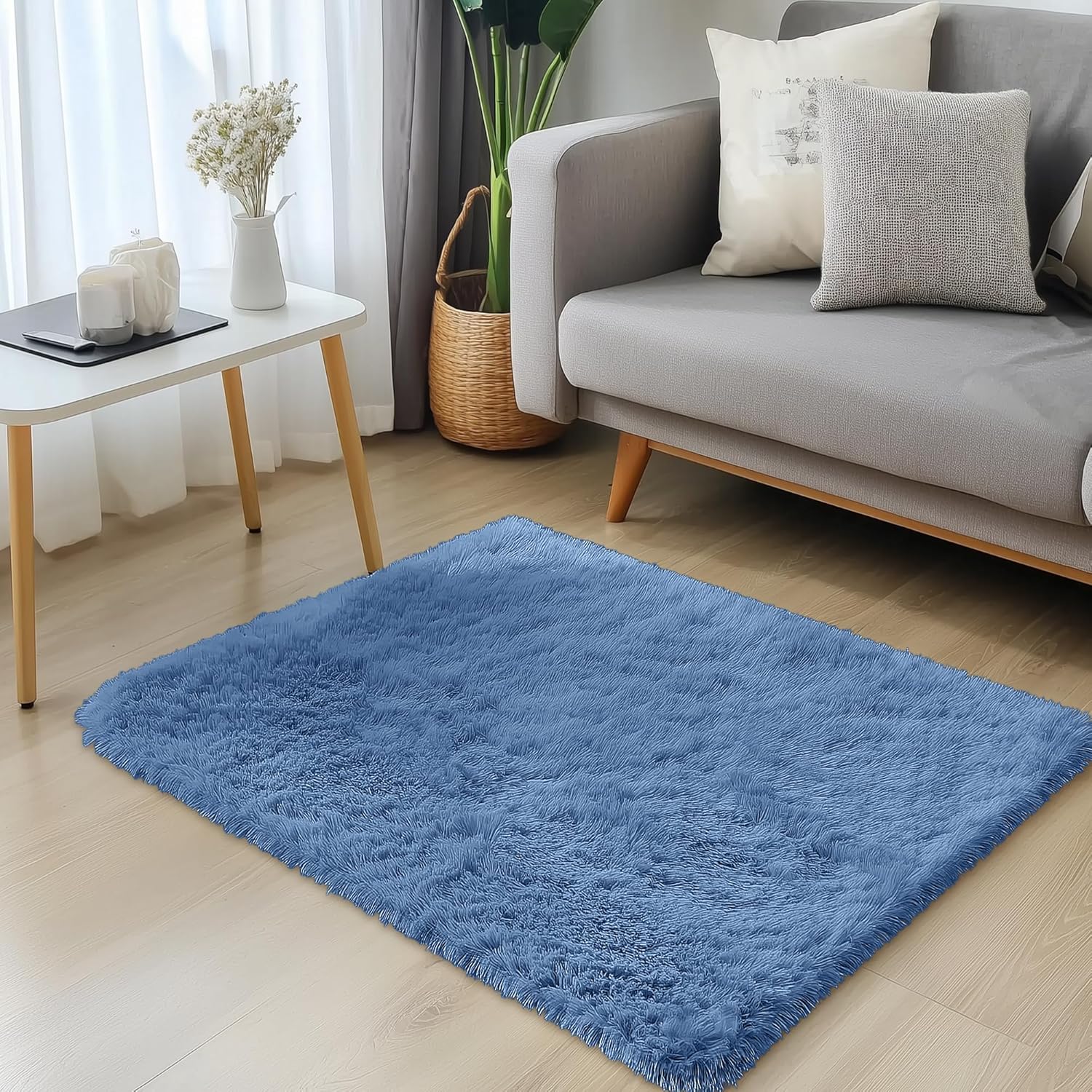 OLANLY 3x5 Soft Fluffy Shaggy Bedside Rug - Machine Washable Indoor Carpet for Kids & Nursery | Blue