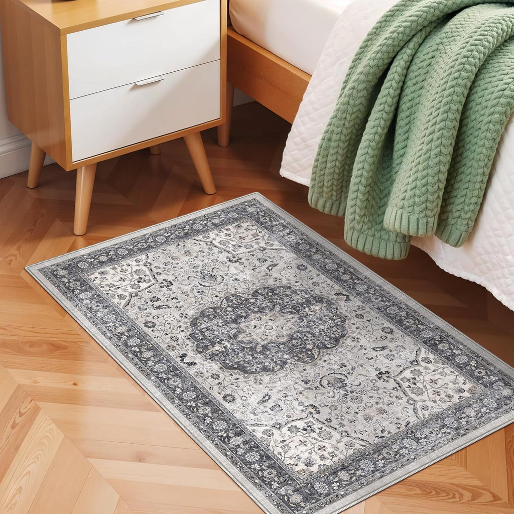 Regine Switzerland Washable 2x3 Entryway Rug - Vintage Soft Thin Non-Slip Mat | Water-Resistant Grey Carpet