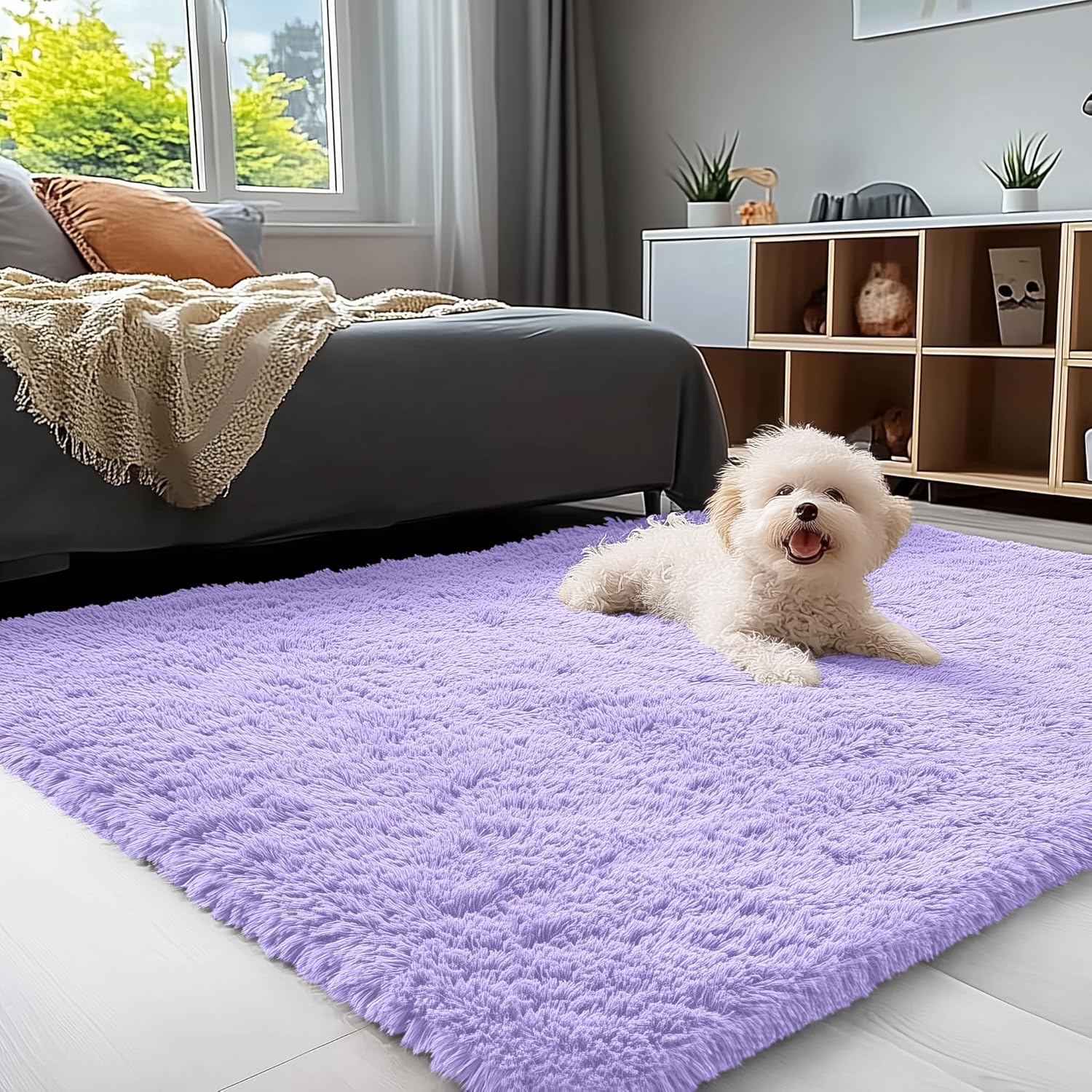 OLANLY Small Bedside Rug - Soft Fluffy Shaggy Carpet for Living Room & Bedroom | Light Purple 3x5