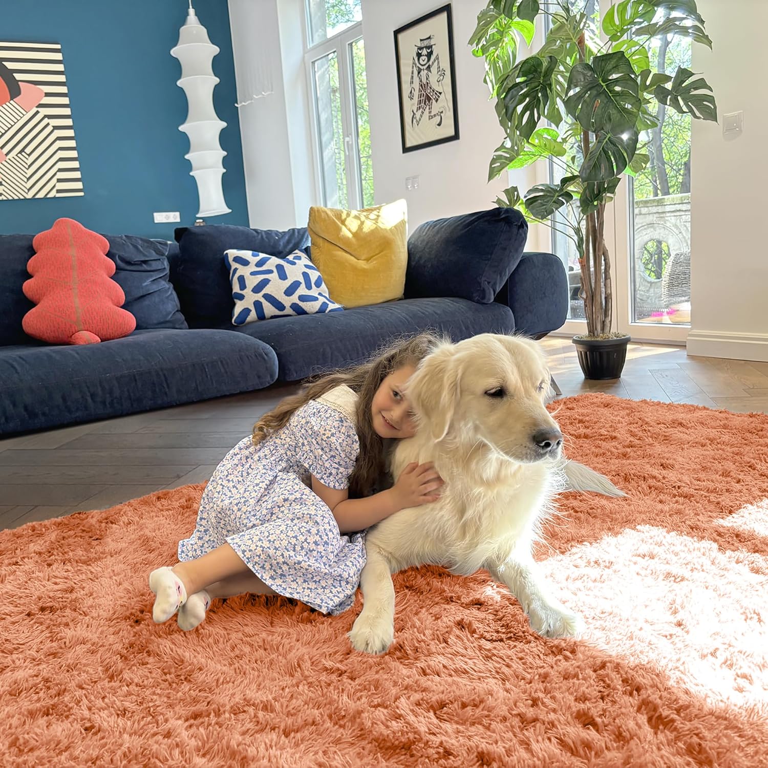 OLANLY Large Area Rug - Soft Fluffy Shaggy Carpet for Living Room & Bedroom | 9x12, Muted Orange