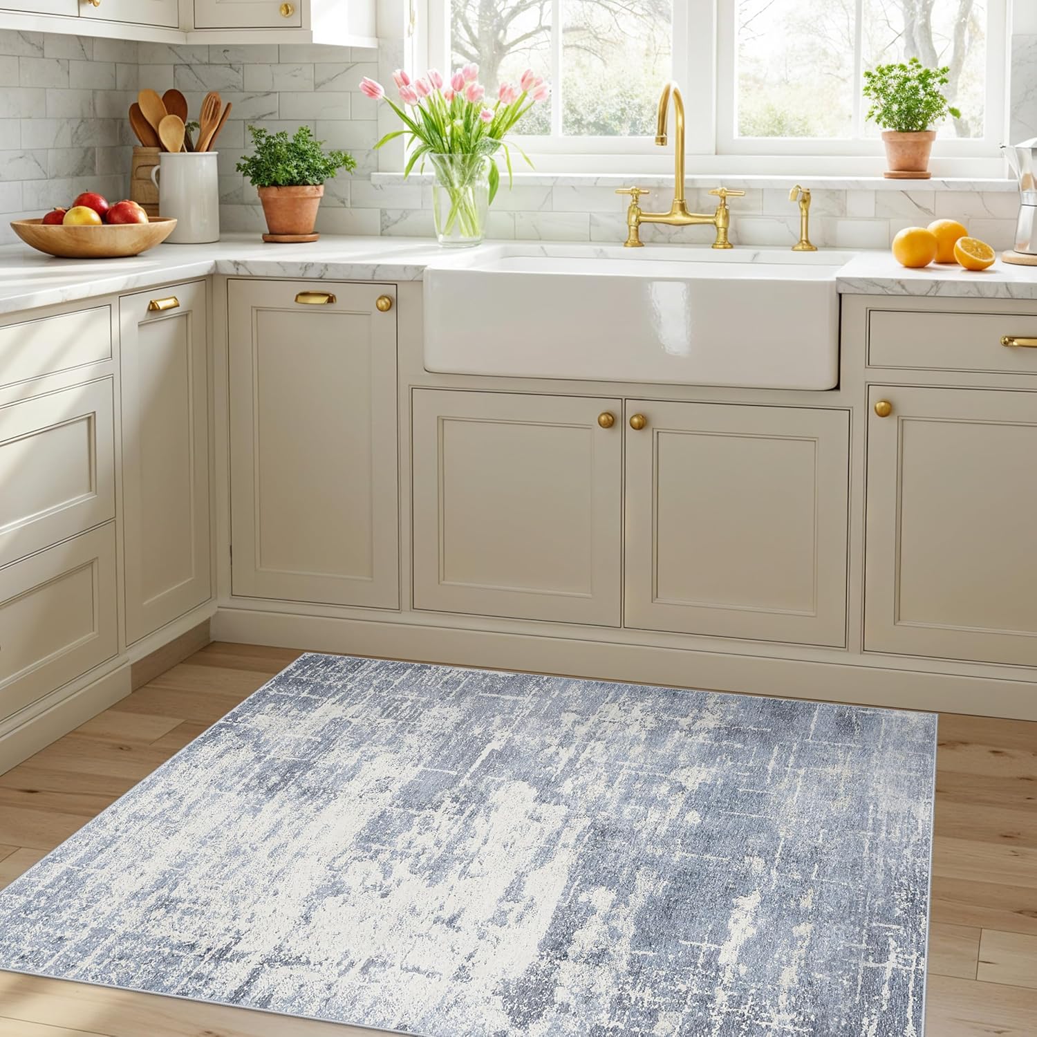 Skiennix Washable Kitchen Area Rug - Abstract Stain-Resistant Non-Slip Doormat | 3x4 ft, Blue/Ivory
