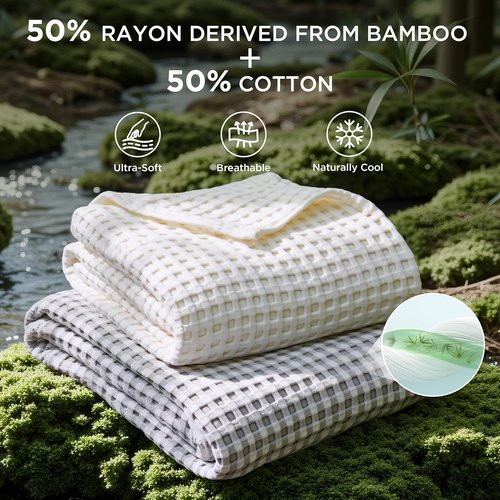 Bedsure Cooling Waffle Blanket - Lightweight Cotton & Bamboo Blend for Hot Sleepers | Ivory, 90x90 Inches