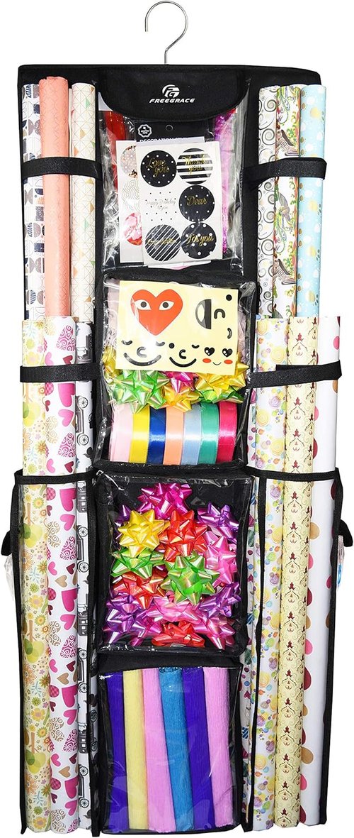 Freegrace Double-Sided Gift Wrap Organizer - Large 16 x 41 Inch Tearproof Storage Bag | Beige & Black