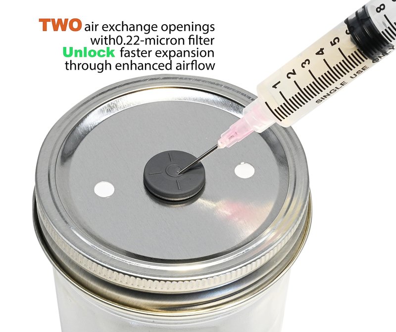 Root Mushroom Farm- 6Pcs Wide Mouth Mushroom Liquid Culture Lids, Mason Jar Lid with Two air exchange openings, 0.22um PTFE Filters & 20mm Self Healing Injection Port