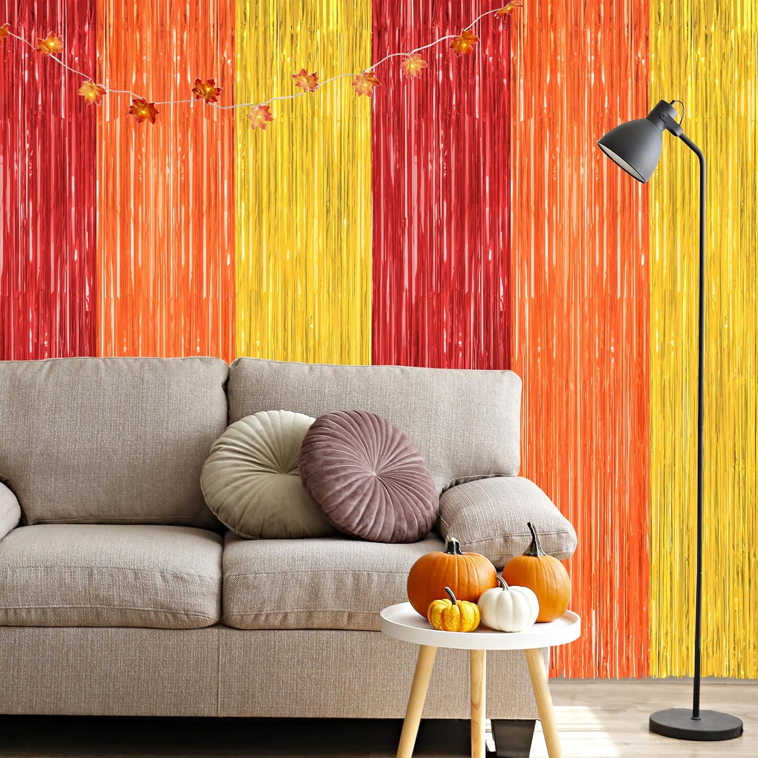 Skiennix Thanksgiving Backdrop - 2 Pack Metallic Fringe Curtains | 3.28 FT x 7.05 FT Red, Orange, Gold Decor