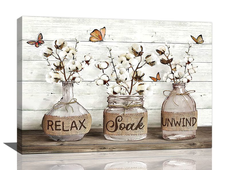 Tijuboni Farmhouse Bathroom Decor Wall Art Rustic Cotton Flower Pictures Canvas Prints Country Relax Soak Unwind Bathroom Sign Butterfly Artwork Modern Home Decor Ready to Hang 16"x24"