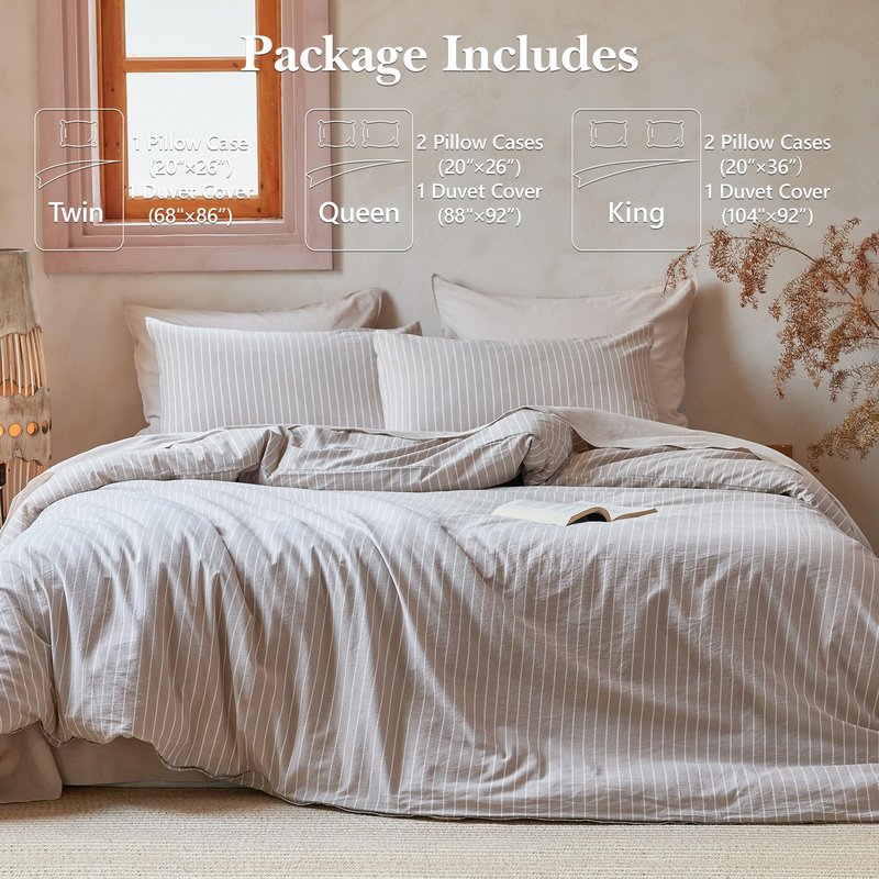 QKTE Striped 100% Washed Cotton Duvet Cover Set King Size 3Pcs(1 Comforter Cover&2 Pillowcases), Natural Cotton Bedding Set Soft Breathable Farmhouse Zipper Closure All Seasons(Khaki-White,King)