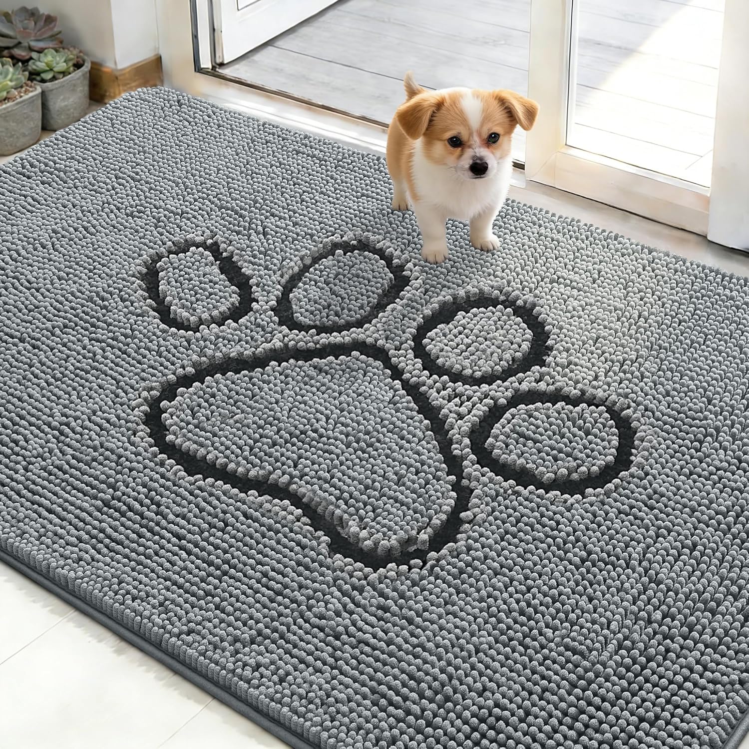OLANLY Dog Door Mat - Absorbent Non-Slip Mud Mat for Paws | 48x30 Grey Chenille Design