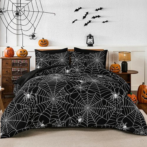 Luxudecor Halloween Comforter Set Queen Size 7 Pieces Bed in a Bag, Spider Cobweb Pattern Print on Black Bed Set, Black Halloween Themes Comforter with Sheet Set 90"x90"