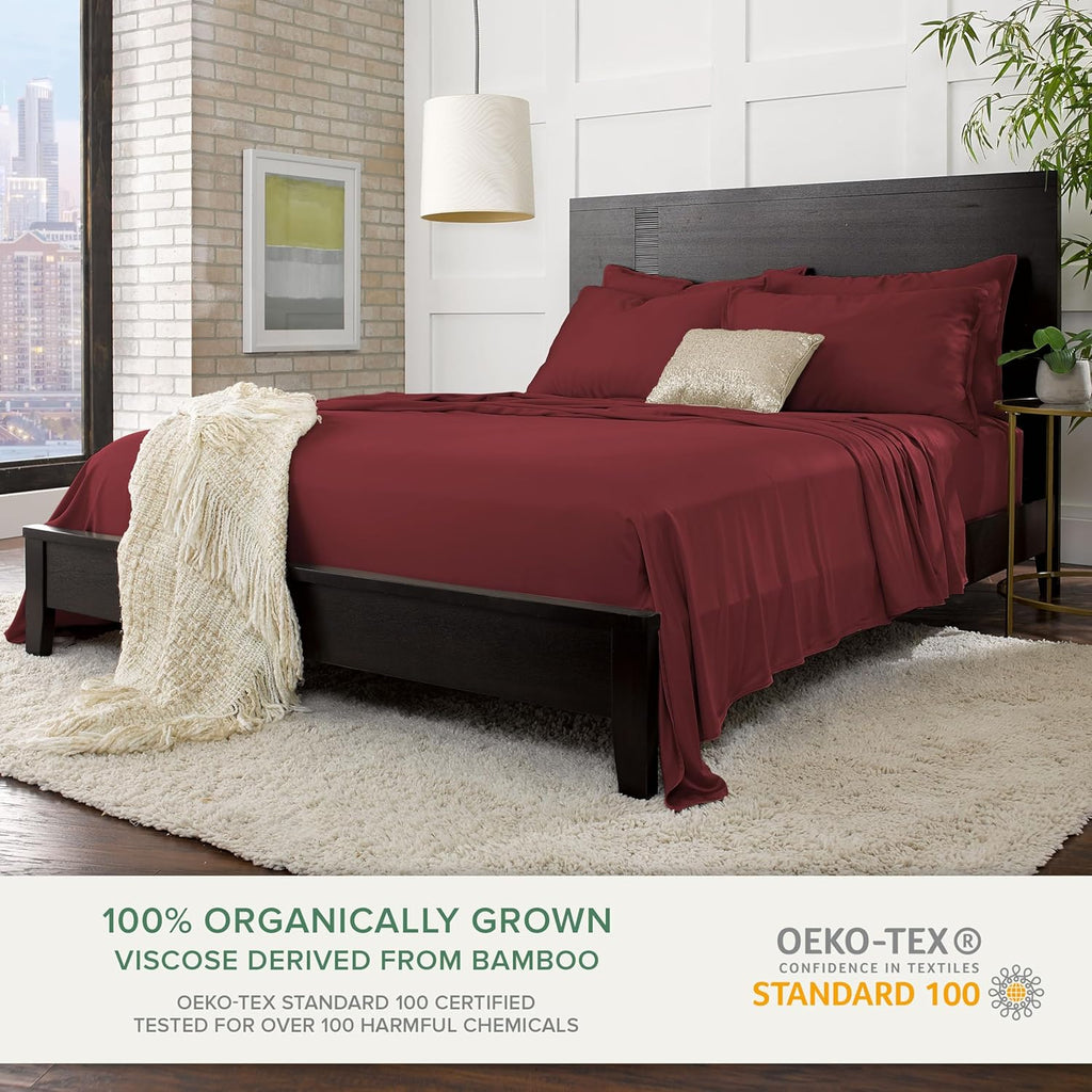 Pure Bamboo Queen Sheets - Luxuriously Soft & Cooling 100% Organic Viscose Bed Sheet Set | Merlot Color, Double Stitching