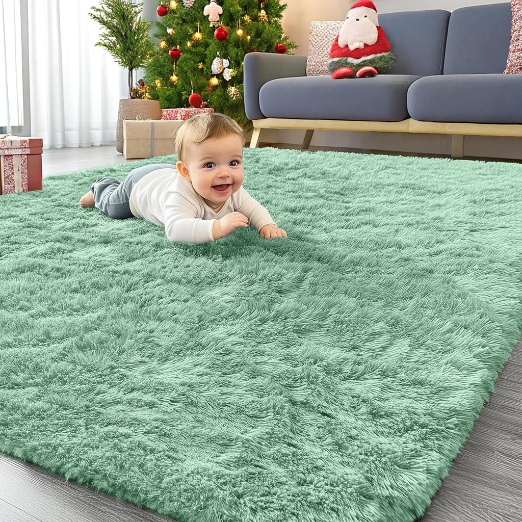 OLANLY Area Rug - Soft Fluffy Shaggy Design | Machine Washable 4x5.9 ft Mint Green Carpet for Kids & Home Decor