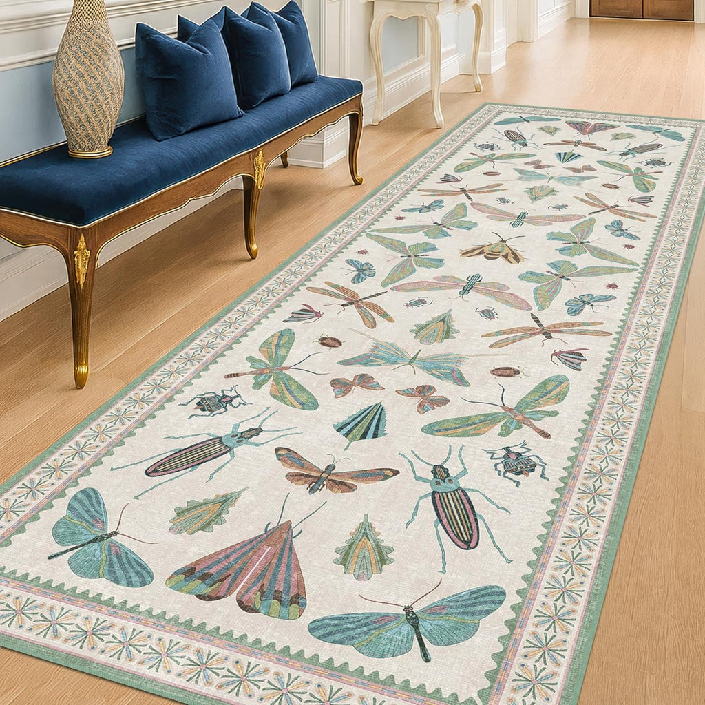 Skiennix Insect Print Hallway Runner Rug - 2'6"x8' Light Green, Washable Non-Slip Design for Indoor Decor