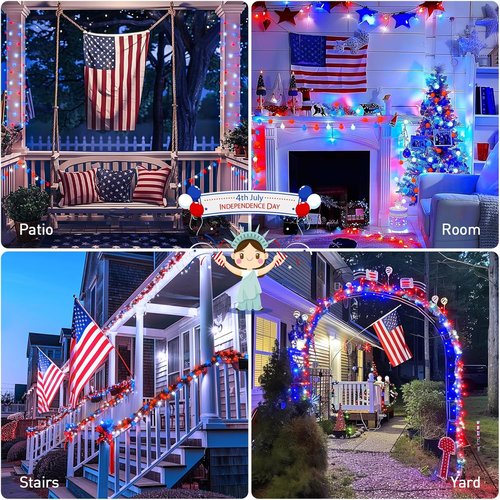 JMEXSUSS 100 LED Connectable Red, White, and Blue String Lights - 33ft Indoor/Outdoor Globe Lights with Remote for 4th of July Decor