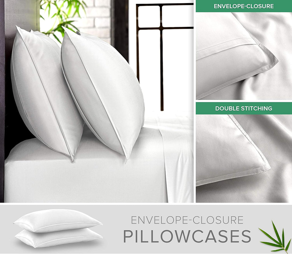 Pure Bamboo Queen Sheets - Luxuriously Soft & Cooling 100% Organic Viscose Bed Sheet Set | White, Double Stitching