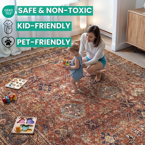 Bloom Rugs Washable Non-Slip 3' x 5' Rug - Terracotta/Mustard Traditional Area Rug for Living Room, Bedroom, Dining Room, and Kitchen - Exact Size: 3' x 5'