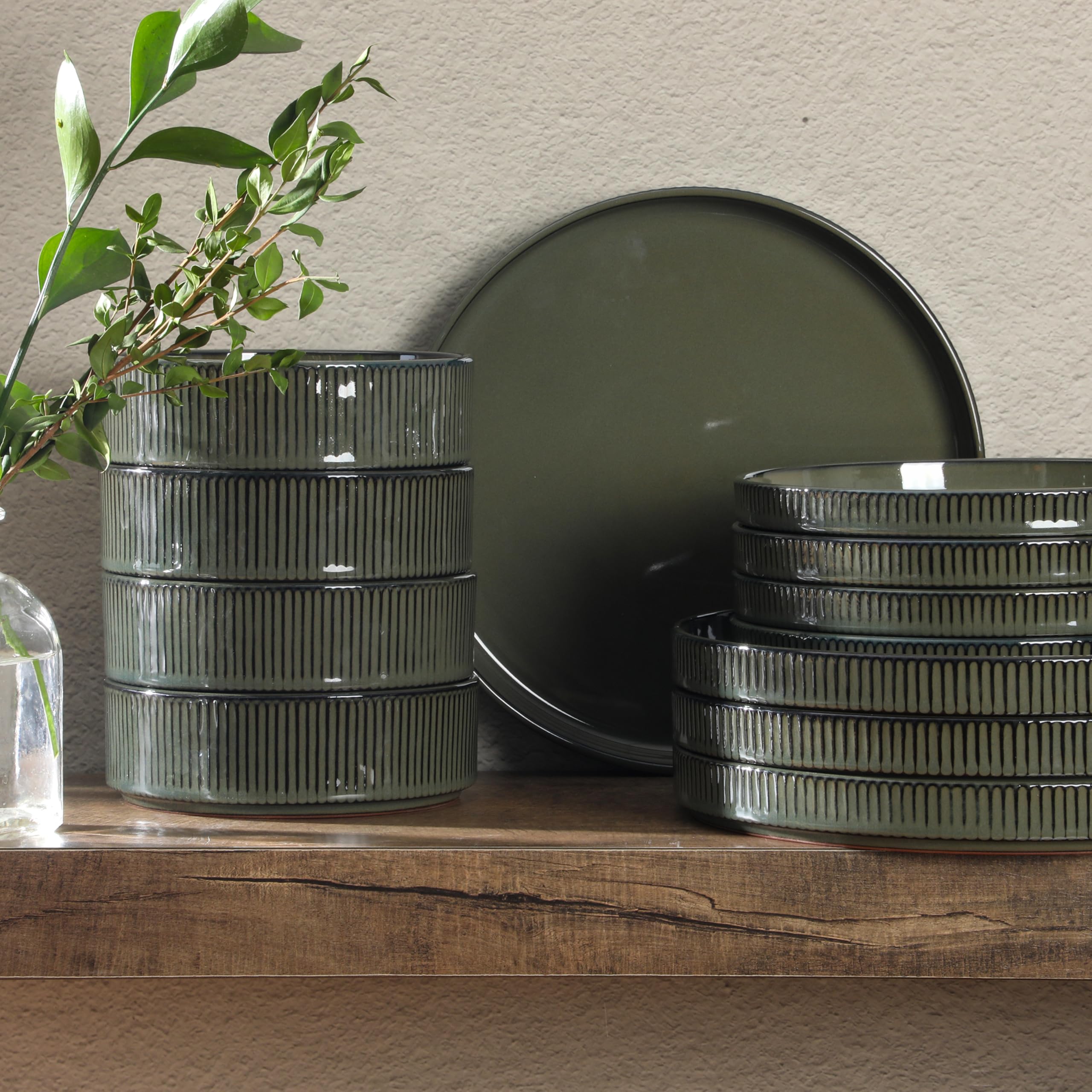 Gibson Elite 12 Piece (Service for 4) Townscape Plates and Bowls Reactive Glaze Embossed Round Dishes Terracotta Ceramic Dinnerware Set - Dark Green