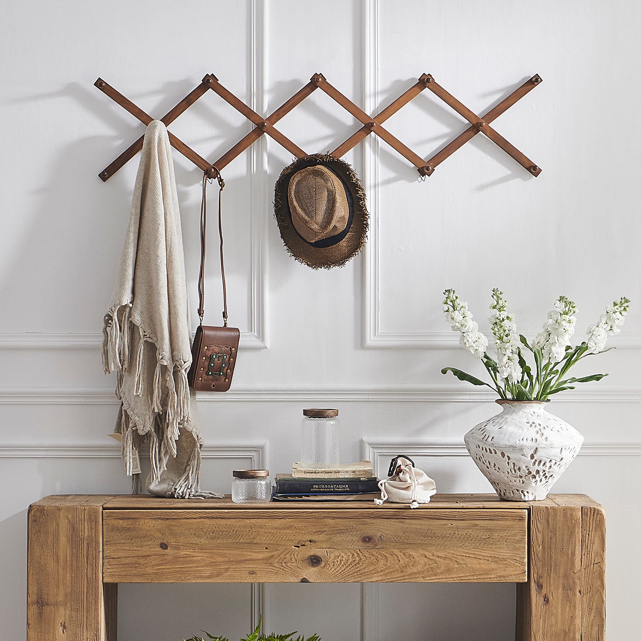 SKOLOO Hat Rack for Wall with 14 Hooks, Pack of 2, Solid Wooden, Modern, Expandable Coat Rack Wall Mount for Coats, Hats, Bags, Baseball Caps, Walnut Color