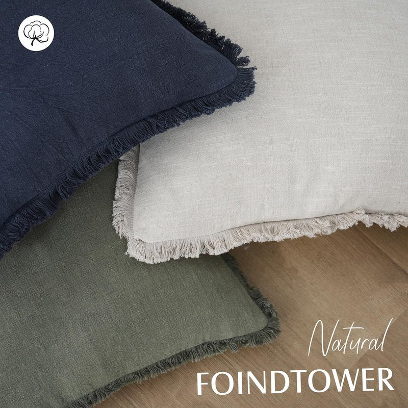 Foindtower Set of 2 Decorative Linen Fringe Throw Pillow Covers Cozy Boho Farmhouse Cushion Cover with Tassels Soft Accent Pillowcase for Couch Sofa Bed Living Room Home Decor, 16×16 Inch, Navy Blue