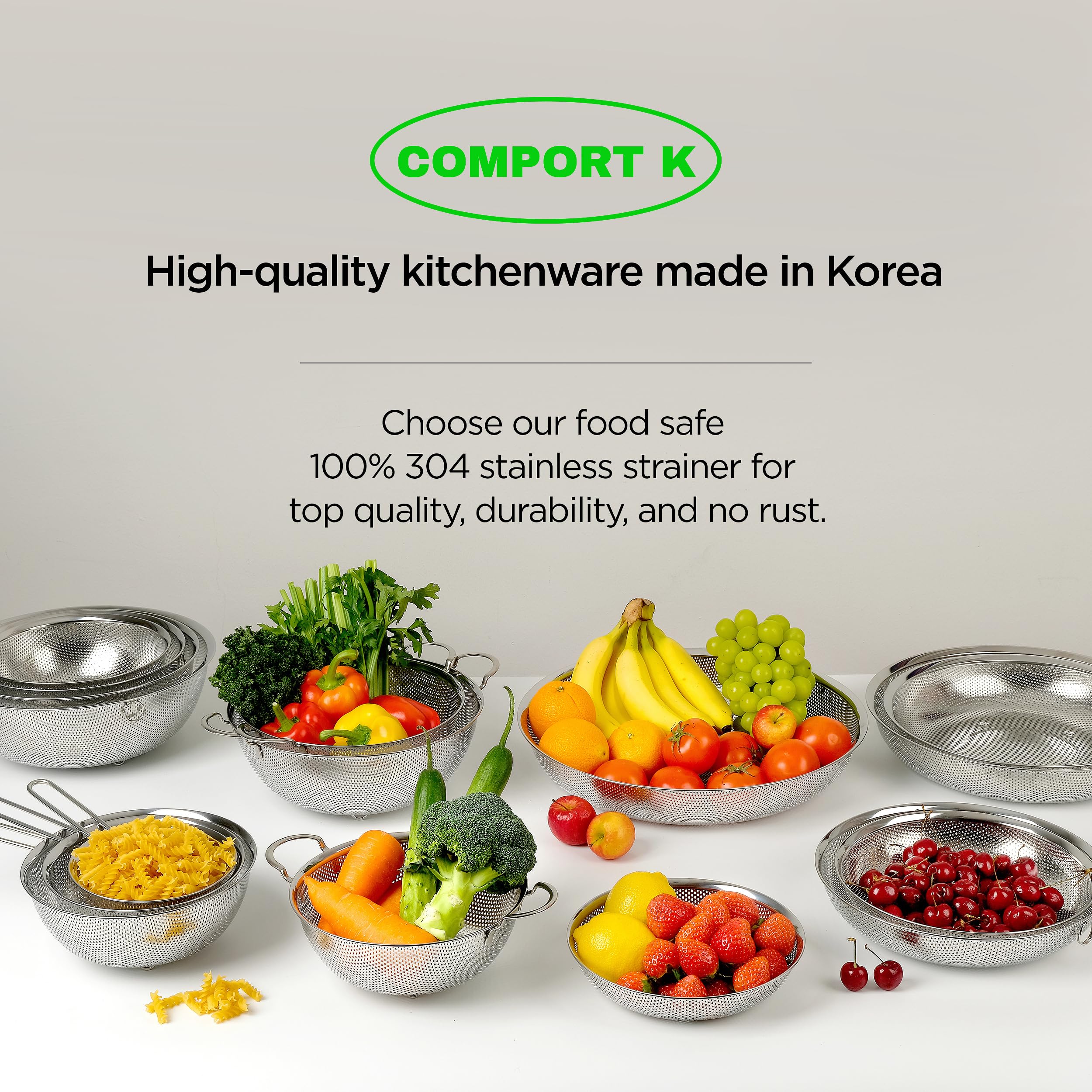 COMPORT K Premium 18/8 304 Stainless Steel Set of 3 – Micro-Perforated Strainers with Handles, Self-Draining Base for Pasta Vegetables Fruit, Heavy Duty (4, 6, 8 Qt) Made in Korea
