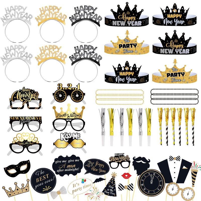 KatchOn, New Years Eve Party Favors - Pack of 74 | Happy New Year Glasses, Photo Props, Hats and Noise Makers | New Years Headband 2026, New Year's Eve Party Supplies for Happy New Year Decorations