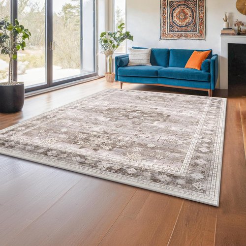 Hazo Haus Washable Area Rug - Non-Slip Boho Vintage Floral Design | 5x7 Beige/Latte for Bedroom & Living Room
