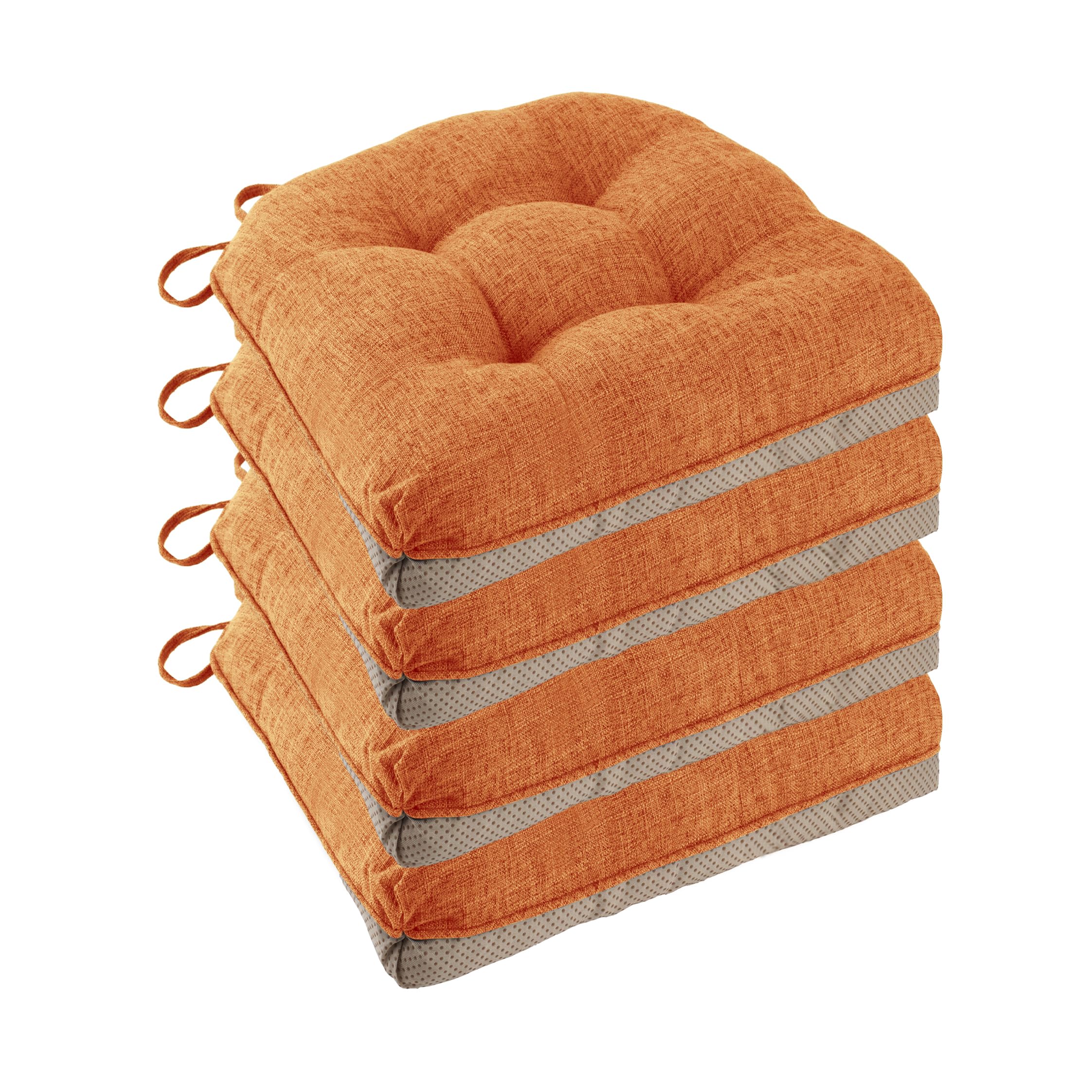 FlyGulls Non Slip Chair Cushions for Dining Chairs Set of 4 Kitchen Chair Cushions 18"x18"x3" Turfted Chair Pads Comfortable and Soft Seat Cushion with Ties, Orange