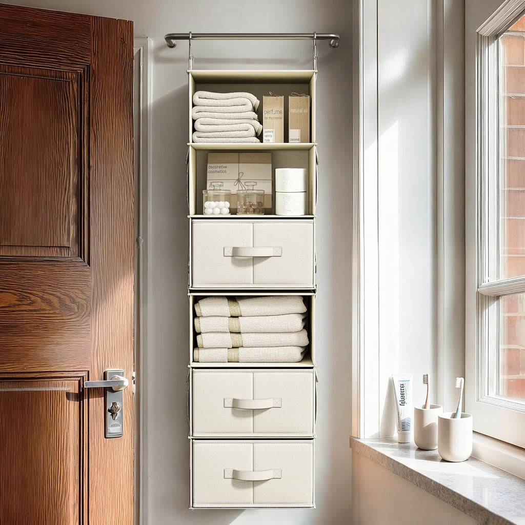 Vailando 6-Shelf Closet Organizer - Versatile Hanging Storage with 3 Drawers | Beige Wardrobe Solution
