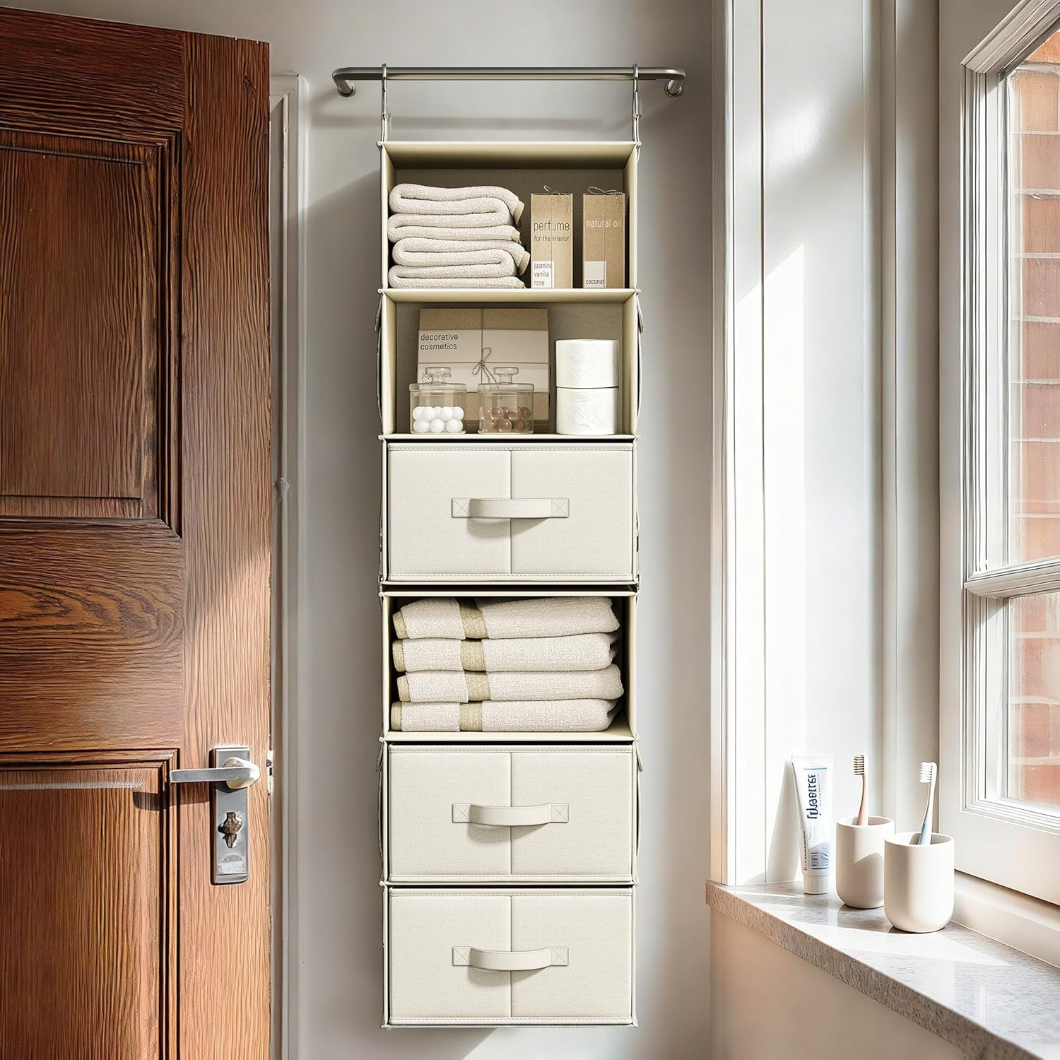 Vailando 6-Shelf Closet Organizer - Versatile Hanging Storage with 3 Drawers | Beige Wardrobe Solution