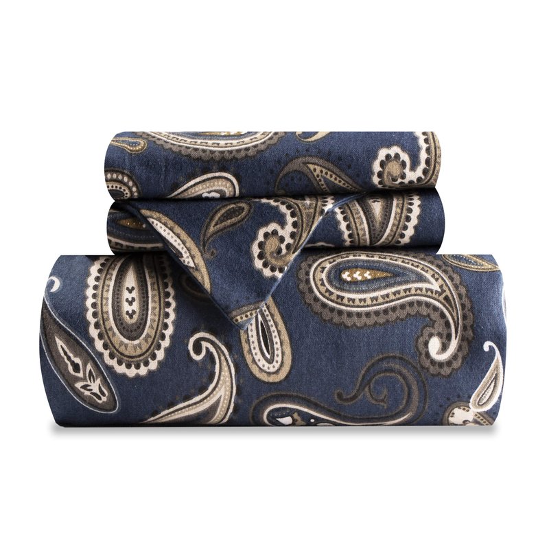 Superior Paisley Flannel Cotton Duvet Cover Set, Warm Fuzzy Comforter Cover, Floral Bedding Essentials, Secure Button Closure, Includes 1 Duvet Cover, 2 Pillow Shams, King/California King, Navy Blue