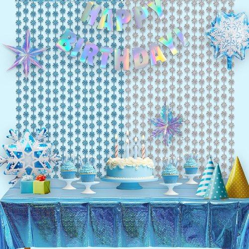 GREATRIL Silver Blue Snowflake Fringe Curtain - Sparkling Winter Onederland Backdrop | 3.2ft x 6.5ft - 2 Pack