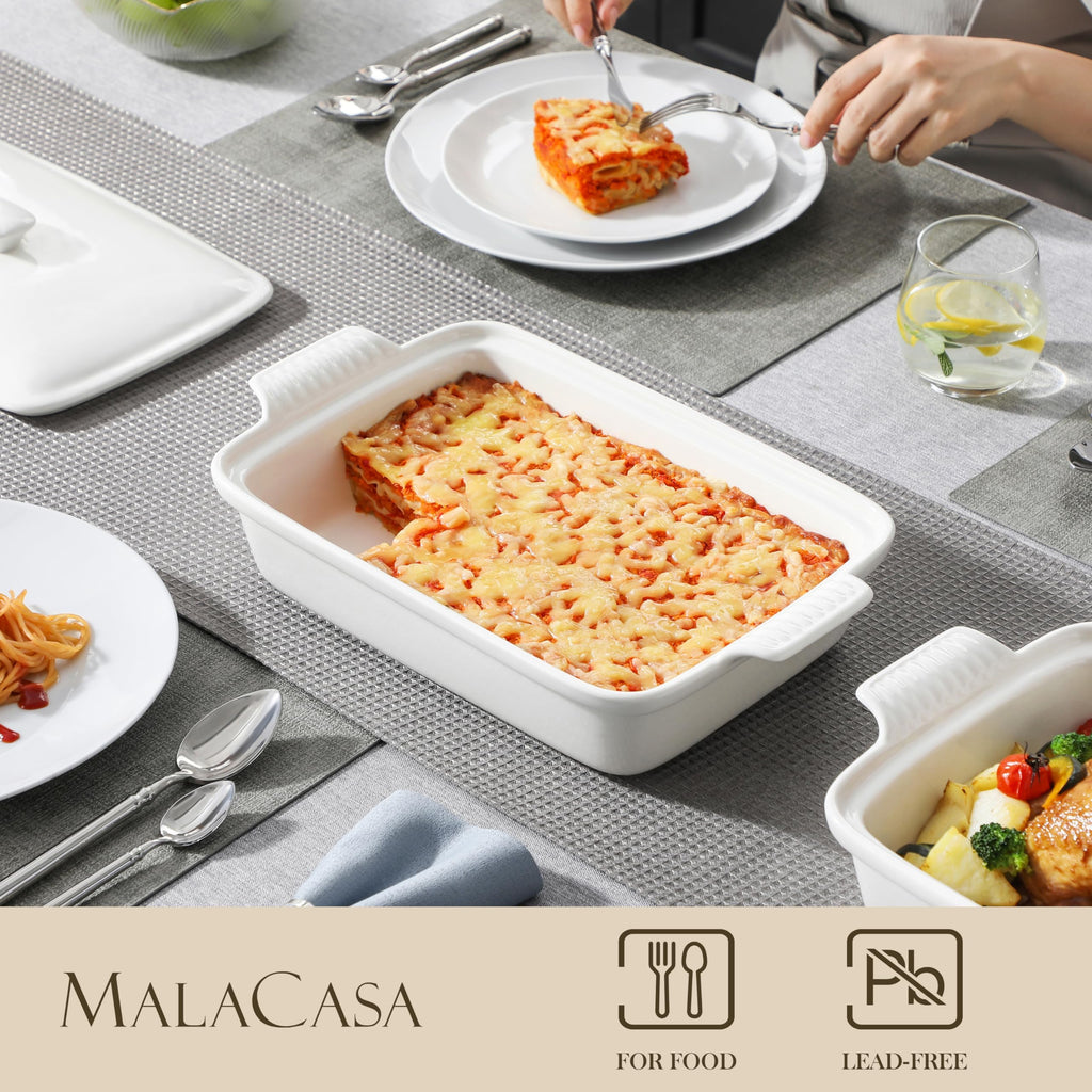 MALACASA 3.4 Quart Baking Dish With Lid, Porcelain Casserole dish with Lid, 13 x 9 Lasagna Pan Deep with Lid, Rectangular Bakeware With Handle, Microwave, Oven Safe, White, Series BAKE