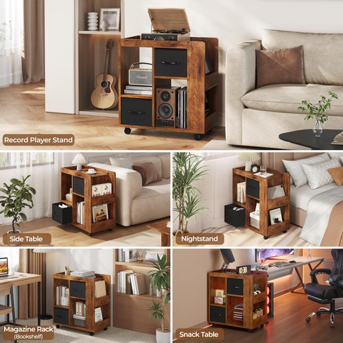 Yaheetech Book Shelf with Storage, Wooden Rolling Bookcase with Wheels, 2 Foldable Fabric Drawers, Magazine Racks and Open Shelves, 13″ × 24″ × 26″, for Living Room, Home Office, Rustic Brown