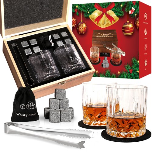 Whiskey Stones Gift Set for Men Dad Father’s Day Whiskey Glasses Set 2 Bourbon Glasses 8 Granite Chilling Rocks with Tongs Perfect for House Warming Anniversary Birthday for Men