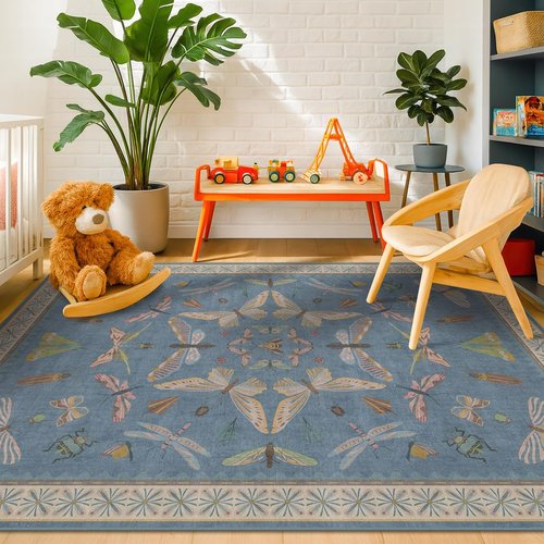 Blue Washable Kids Playroom Rug - Super Soft 5x7 Area Rug for Nursery & Toddler Room Decor