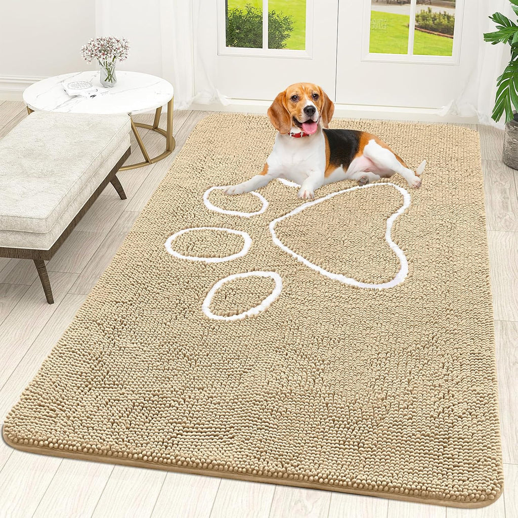 OLANLY Dog Door Mat - Absorbent Non-Slip Mud Mat for Muddy Paws | Quick Dry Chenille, 59x35, Beige