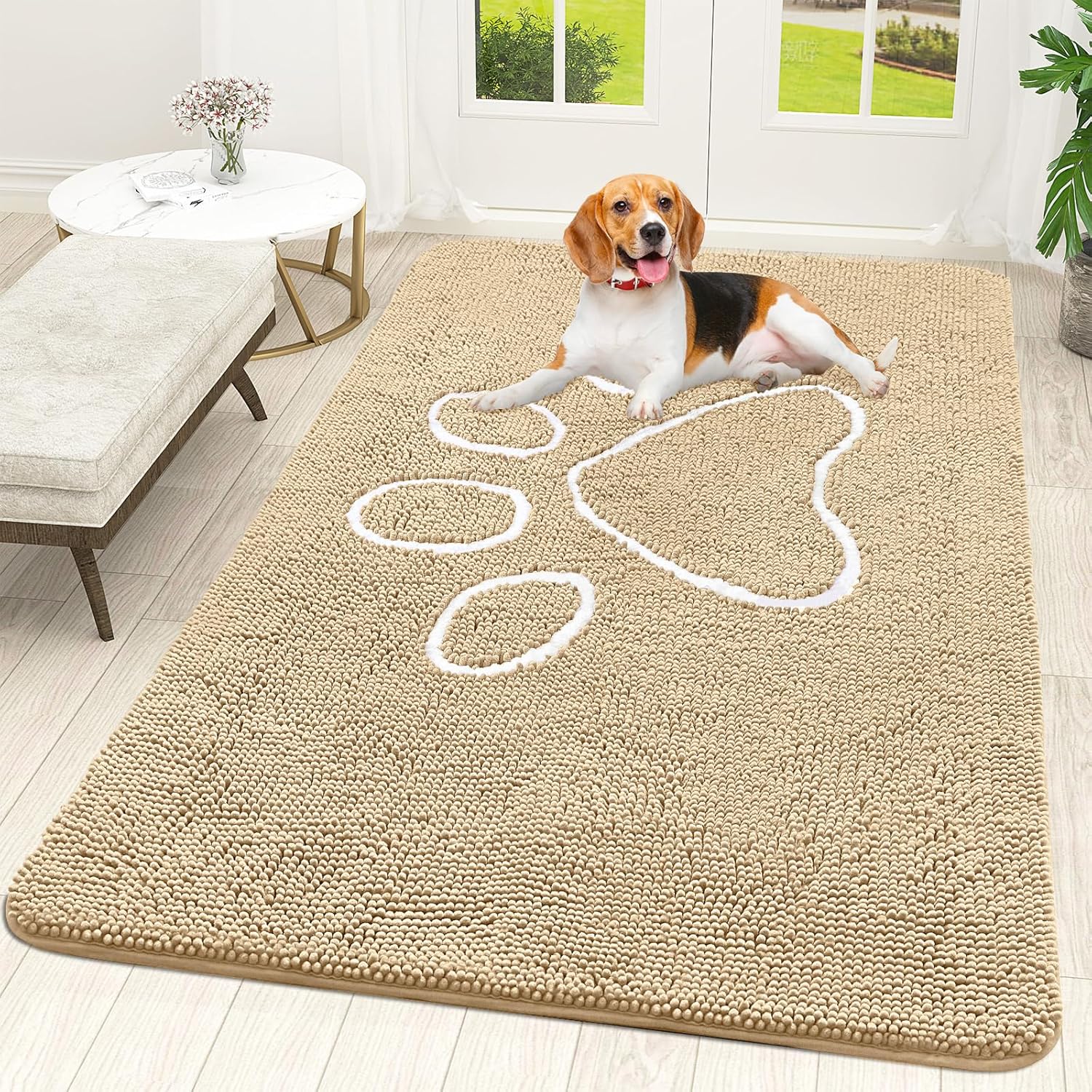 OLANLY Dog Door Mat - Absorbent Non-Slip Mud Mat for Muddy Paws | Quick Dry Chenille, 59x35, Beige