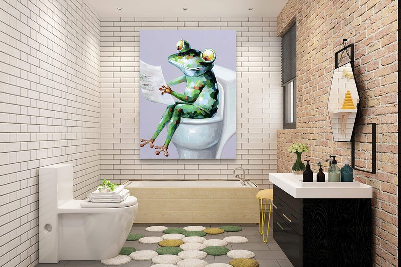 Yihui Arts Funny Bathroom Wall Art, Frog Reading Book Artwrok, Large Painting Pictures for Home Decor