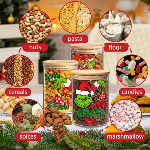 HGIK Christmas Cookie Jar with Lids, Christmas Kitchen Decor 3 Pack Glass Storage Jars, Xmas Decorations Canisters Sets with Airtight Bamboo Lid for Countertop, Clear Glass Storage Jars