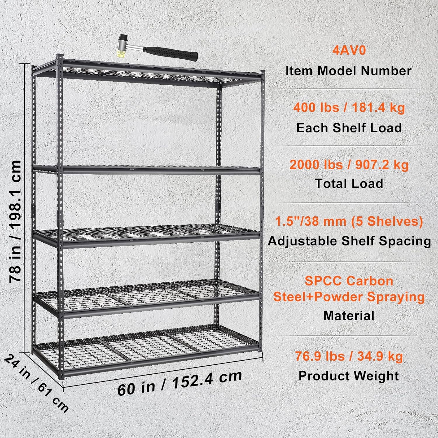 VEVOR 5-Tier Adjustable Storage Shelving Unit - Heavy Duty Metal Organizer Rack | 2000 lbs Capacity, Black, 60" L x 24" W x 78" H