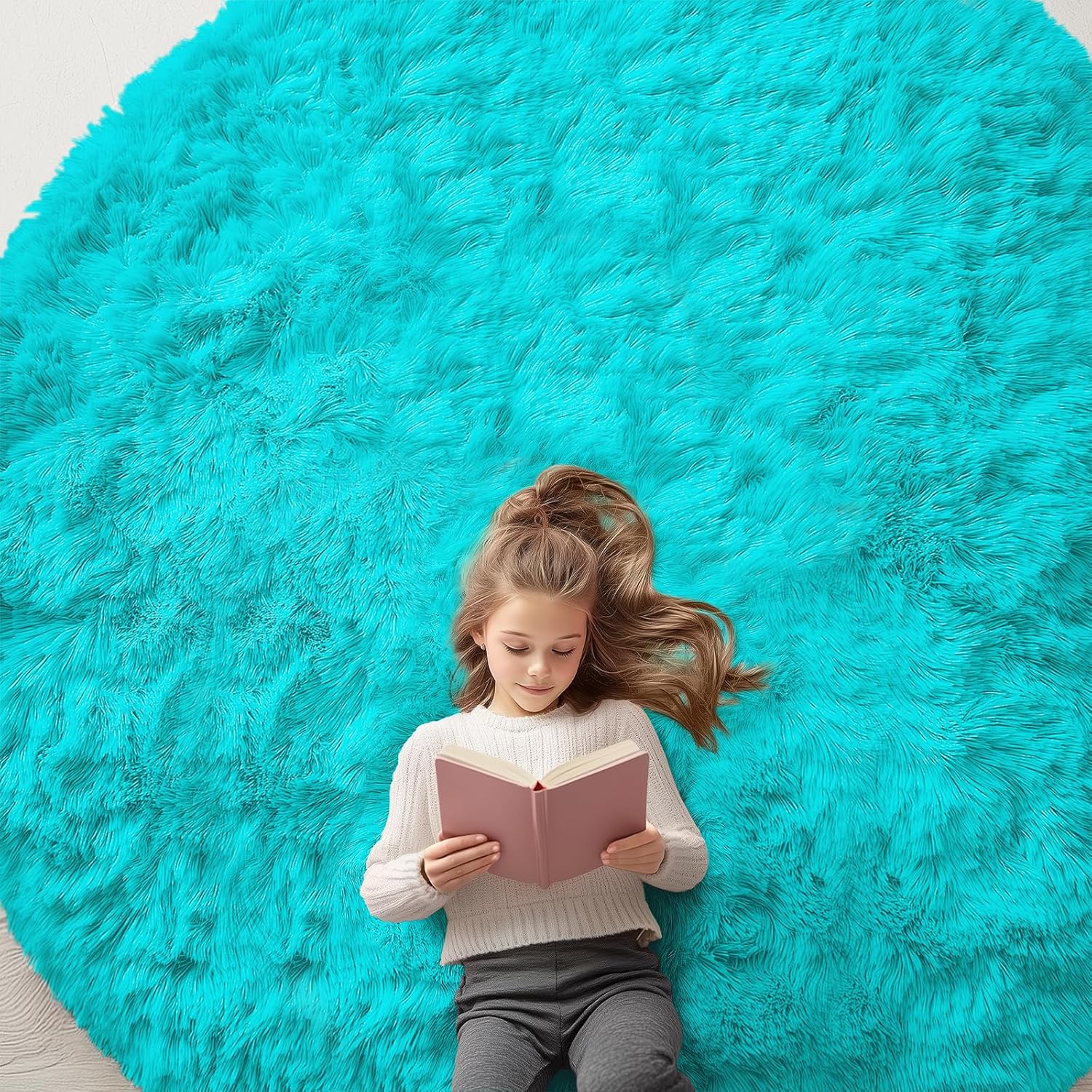 OLANLY Teal Blue Round Rug - Soft, Fluffy Shaggy Carpet for Bedroom | 8 ft Circle Area Rug