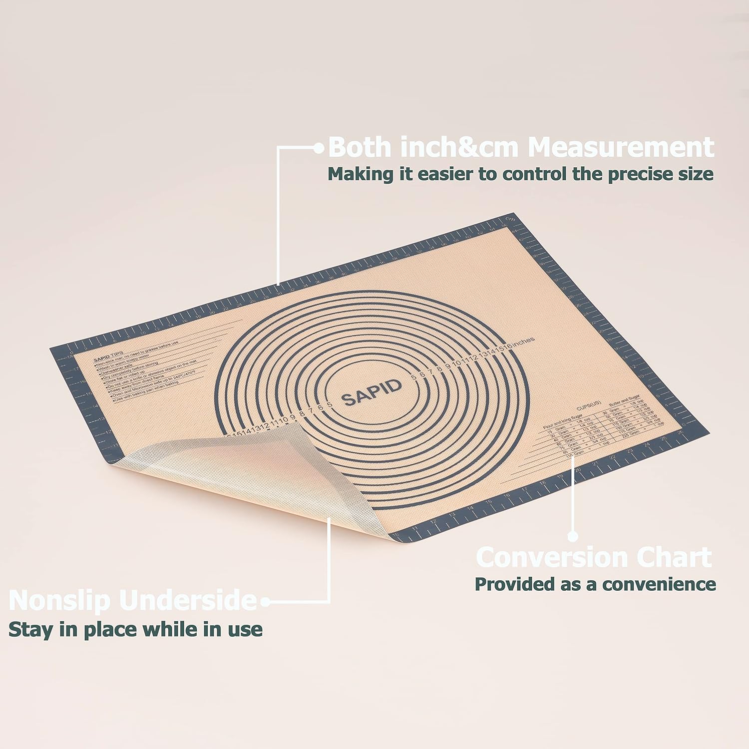 Sapid Extra Thick Silicone Baking Mat - Non-Slip with Measurements | Extra Large 20" x 28" Gray Dough Rolling Mat