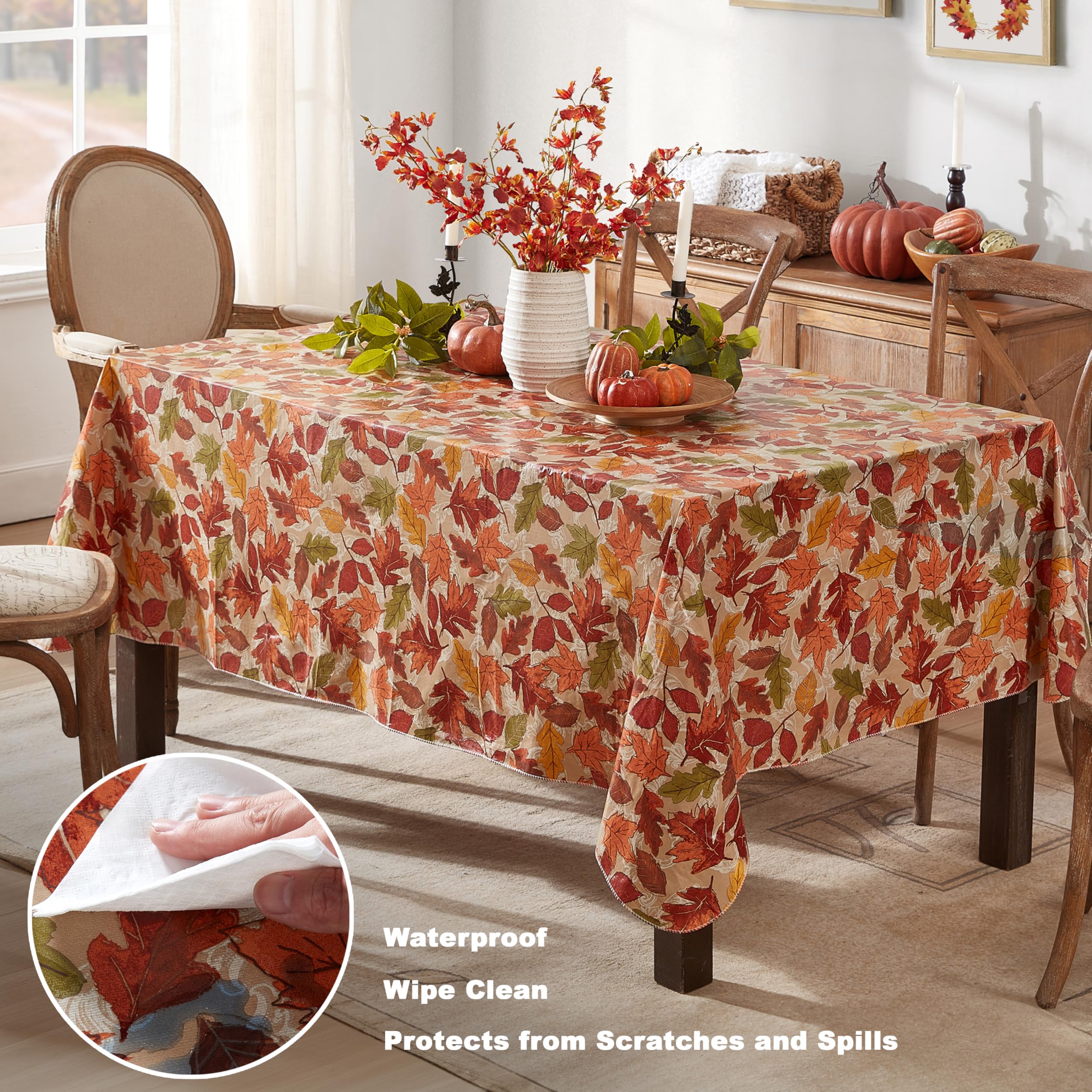Newbridge Thanksgiving Leaves are Falling Vinyl Tablecloth with Flannel Backing Fall Season Contemporary Leaf Design, 60 x 84 Inch Rectangle Table Cover